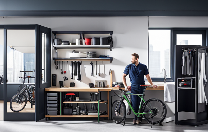 An image featuring a clean, well-lit workshop with specialized tools, shelves stocked with Bosch electric bike parts, and a friendly technician confidently servicing a Bosch electric bike