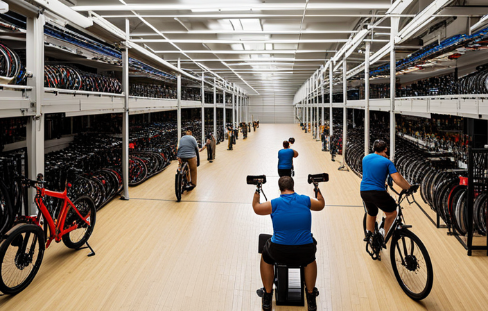 An image showcasing a diverse group of enthusiastic individuals assembling and inspecting electric bikes in a spacious, well-lit warehouse