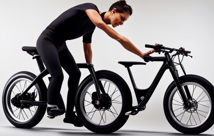 An image showcasing a step-by-step guide to building an electric bike: hands holding a wrench to tighten bolts, wires connecting the battery to the motor, and a cyclist riding the finished bike