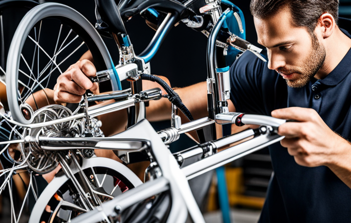 An image showcasing a pair of skilled hands meticulously assembling an electric bike frame, surrounded by an array of tools, wires, and components, symbolizing the step-by-step process of building an electric bike from scratch