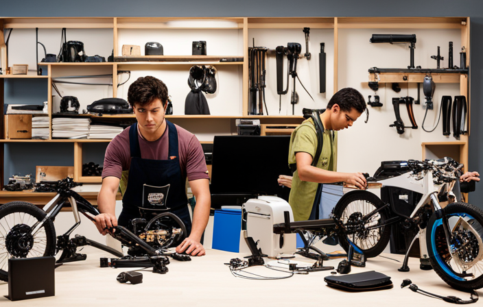 An image of a person in a workshop, surrounded by tools and parts, diligently assembling an electric bike frame, while nearby, a table showcases various components like a battery, motor, and wires