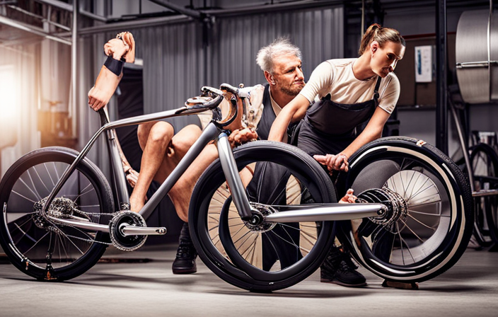 An image capturing the step-by-step process of building a gravel bike: hands gripping a wrench, attaching a crankset; a wheel being aligned; a chain being threaded through gears; a frame being assembled meticulously, showcasing the intricate details