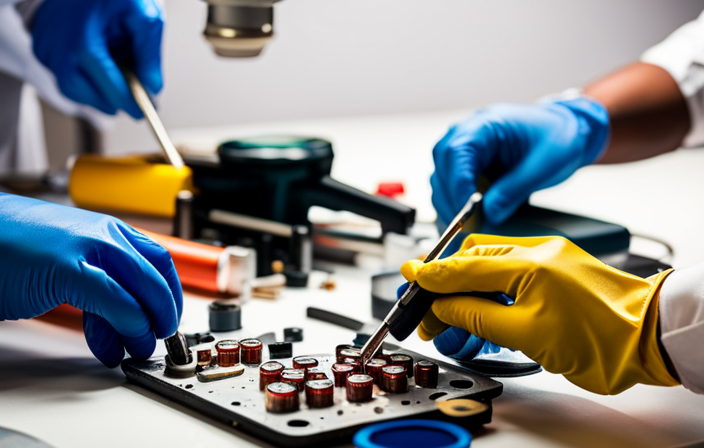 -up shot of a person's hands wearing protective gloves, skillfully soldering together cylindrical lithium-ion battery cells into a compact, rectangular pack, with various tools and components neatly arranged on a workbench in the background