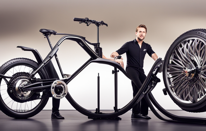 An image showcasing a skilled individual in a well-equipped workshop, surrounded by an array of tools and components, meticulously assembling a robust electric bike frame with precision and expertise
