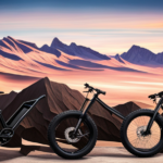 An image showcasing a rugged mountain trail, with a sleek, black electric fat bike effortlessly gliding through the terrain