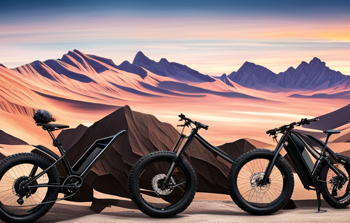 An image showcasing a rugged mountain trail, with a sleek, black electric fat bike effortlessly gliding through the terrain
