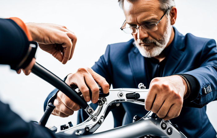 An image featuring a close-up shot of skilled hands meticulously assembling the components of an electric bike, with a focused expression on the builder's face conveying precision and expertise