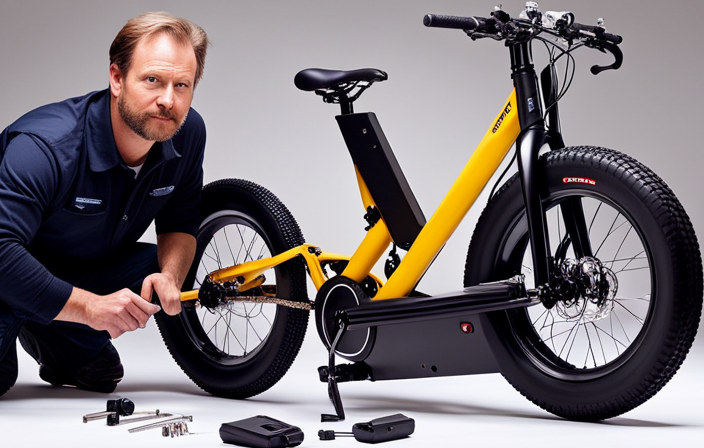 An image showcasing a step-by-step guide to building an electric bike from a cordless drill, featuring a person disassembling the drill, attaching parts like a motor and battery, and finally assembling the bike