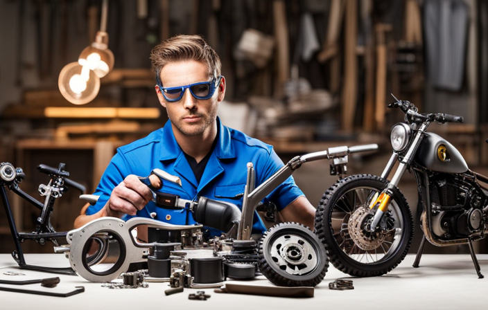 An image depicting a skilled mechanic wearing safety goggles, surrounded by a cluttered workbench with a dismantled gasoline-powered dirt bike, while assembling an electric dirt bike using various tools and components