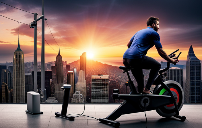 An image showcasing a person pedaling on a stationary bike rigged with wires connecting to a power generator