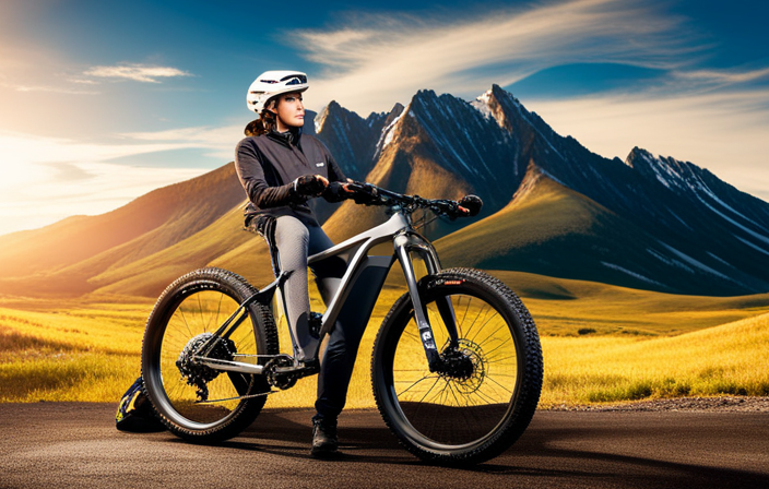 An image showcasing a person wearing safety gear, surrounded by tools and parts like batteries, motors, and wrenches, as they assemble an electric mountain bike against a backdrop of scenic mountains and trails