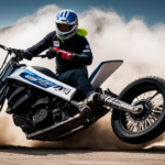 An image capturing the exhilarating moment of a rider expertly maneuvering an electric dirt bike, kicking up clouds of dust as they perform a daring burnout, leaving behind a trail of tire marks