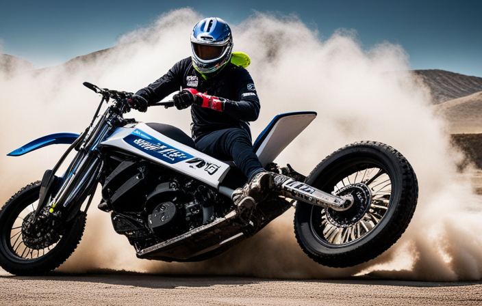 An image capturing the exhilarating moment of a rider expertly maneuvering an electric dirt bike, kicking up clouds of dust as they perform a daring burnout, leaving behind a trail of tire marks