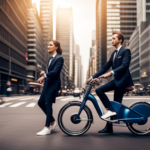 An image showcasing a sleek Ford electric bike in vibrant blue, parked on a city street lined with tall buildings