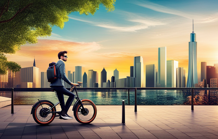 An image showcasing a person effortlessly riding an eco-friendly electric hybrid bike through a vibrant city, with a clear view of the bike's sleek design, powerful electric motor, and lightweight frame