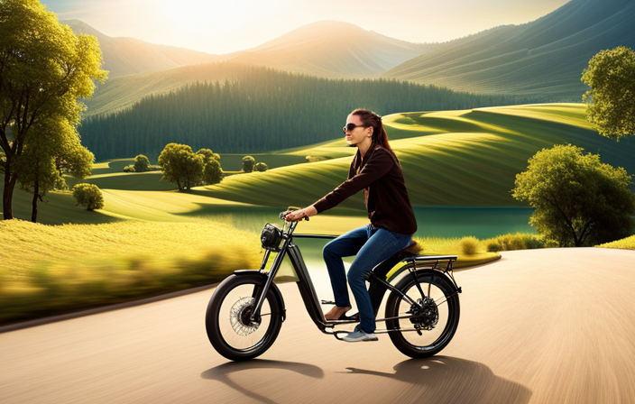 An image depicting a person riding an electric hybrid bike, effortlessly gliding through a scenic landscape