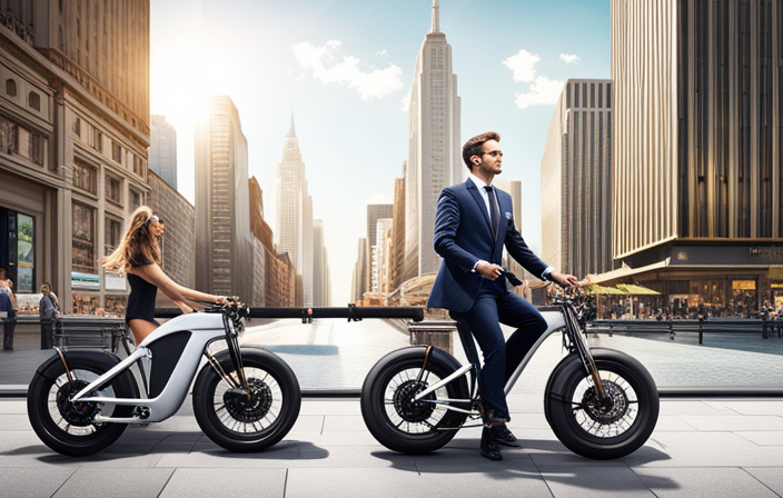 An image showcasing a diverse selection of sleek electric bikes, lined up in a well-lit showroom