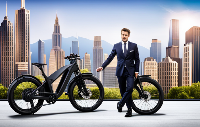 An image showcasing a sleek, black Sur Ron electric bike parked in front of a vibrant cityscape backdrop