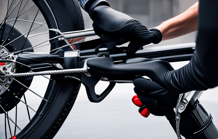 An image depicting a close-up of hands wearing black gloves, deftly removing a wheel from an electric bike