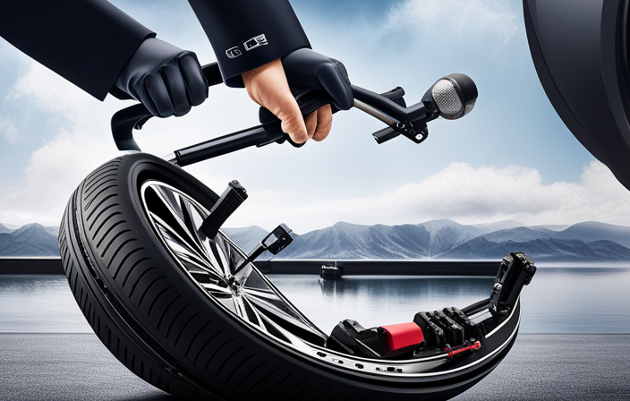 An image capturing a close-up shot of hands wearing protective gloves, skillfully removing an electric bike tire using tire levers, showcasing the step-by-step process of changing a tire on an electric bike
