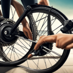 An image capturing a close-up view of an electric bike's rear wheel being lifted off the ground by a wrench, with a person's hands firmly gripping the spokes, showcasing the step-by-step process of changing the rear wheel