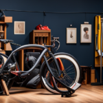 An image that showcases a skilled cyclist effortlessly swapping out the traditional bike wheel with a sleek, high-powered electric wheel, surrounded by a clutter-free workbench adorned with tools and vibrant wires