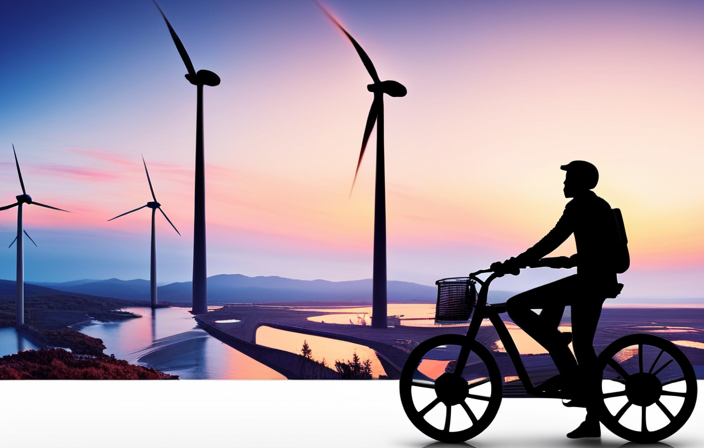 An image showcasing a person effortlessly plugging their electric bike into a sleek charging station, with a vibrant backdrop of renewable energy sources like wind turbines and solar panels