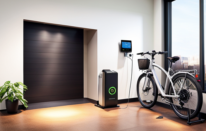 An image showcasing a cozy garage corner with a neatly organized charging station for an electric bike