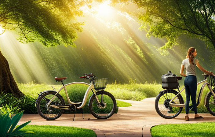 An image showcasing a serene outdoor setting with a person effortlessly connecting an electric bike battery to a charging station, surrounded by lush greenery and bathed in warm sunlight, emphasizing the ease and eco-friendliness of charging electric bike batteries