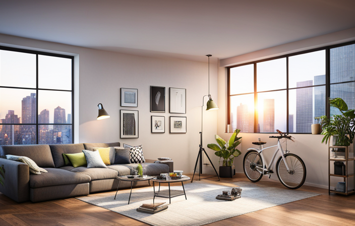 An image depicting an urban apartment setting with a well-lit corner showcasing an electric bike plugged into a wall socket, accompanied by a neatly organized charging station with cables and accessories nearby