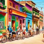 An image showcasing a bustling Indian street with an electric bike charging station, where locals plug their bikes into the charging ports