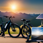An image showcasing a breathtaking landscape in a remote area, with an electric bike parked next to a solar panel charging station