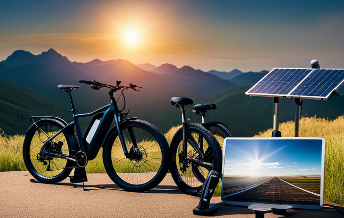 An image showcasing a breathtaking landscape in a remote area, with an electric bike parked next to a solar panel charging station