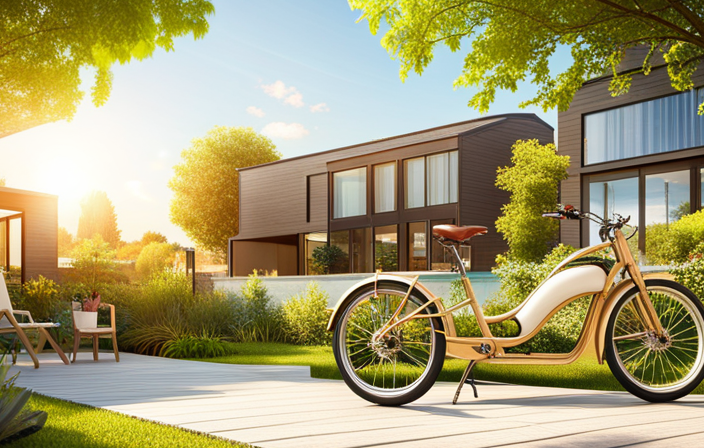 An image showcasing a sun-drenched backyard with a sleek electric bike parked next to a solar panel station