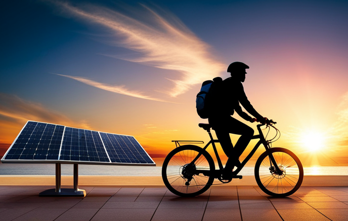 An image showcasing a cyclist pedaling on an electric bike, connecting it to a portable solar panel with cables