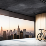 An image showcasing a well-lit garage with a sleek electric bike parked next to a wall-mounted charging station