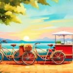 An image showcasing a sunny outdoor scene with an electric ice cream bike parked near a charging station