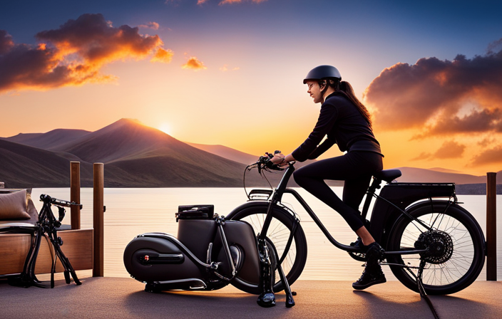 An image showcasing a close-up of a Mongoose Electric Bike's battery pack being inserted into a charger, with a vibrant LED indicator glowing, while a hand gently pushes the plug into the charging port