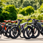 An image showcasing a diverse range of stylish electric bikes, parked in a picturesque British countryside landscape