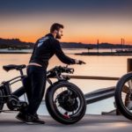 An image showcasing a person comparing various electric bikes, carefully examining their sleek designs, sturdy frames, adjustable seats, powerful motors, and robust tires