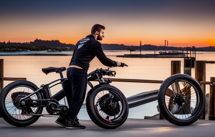An image showcasing a person comparing various electric bikes, carefully examining their sleek designs, sturdy frames, adjustable seats, powerful motors, and robust tires