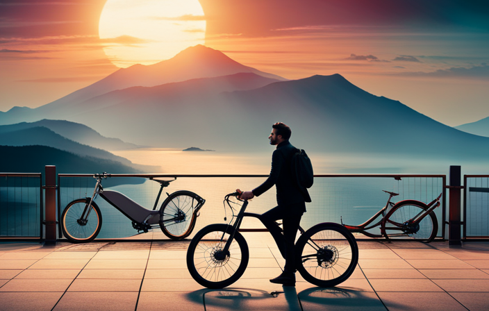 An image showcasing a person standing in front of a vibrant display of diverse, sleek electric bikes