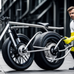An image showcasing the step-by-step process of cleaning an electric bike: a person wearing rubber gloves gently wiping the sleek frame with a microfiber cloth, carefully scrubbing the chain, and rinsing the tires with a high-pressure washer