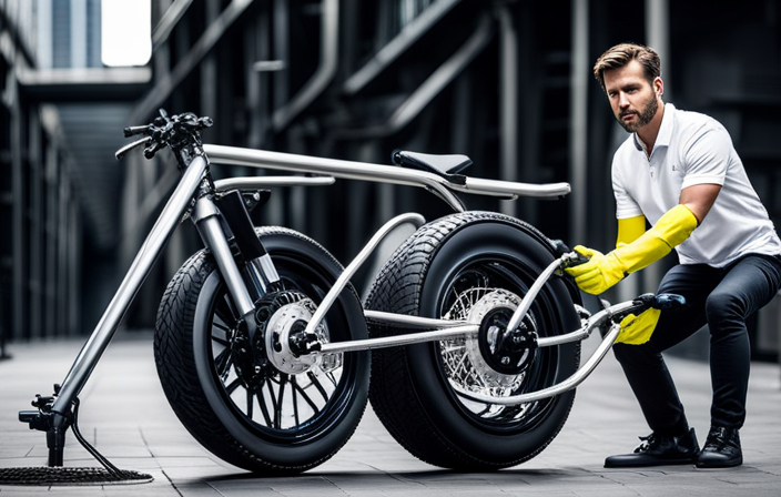 An image showcasing the step-by-step process of cleaning an electric bike: a person wearing rubber gloves gently wiping the sleek frame with a microfiber cloth, carefully scrubbing the chain, and rinsing the tires with a high-pressure washer