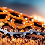An image of a close-up shot of a rusty bicycle chain, covered in orange-brown corrosion, being meticulously scrubbed with a wire brush, revealing the shining silver metal beneath