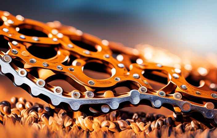 An image of a close-up shot of a rusty bicycle chain, covered in orange-brown corrosion, being meticulously scrubbed with a wire brush, revealing the shining silver metal beneath