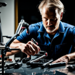 An image of a person in a well-lit workshop, surrounded by tools and parts, meticulously attaching a sleek battery pack onto the frame of a bicycle, while a focused expression reveals their determination and expertise