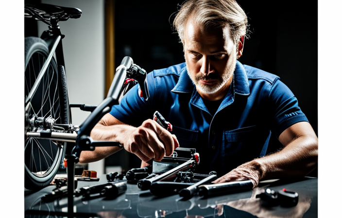 An image of a person in a well-lit workshop, surrounded by tools and parts, meticulously attaching a sleek battery pack onto the frame of a bicycle, while a focused expression reveals their determination and expertise