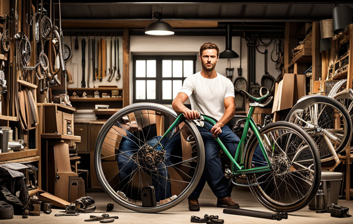 An image of a person in a workshop, surrounded by tools and bike parts