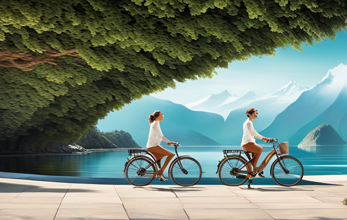 An image showcasing a person effortlessly cruising on a converted electric bike along a scenic coastal road